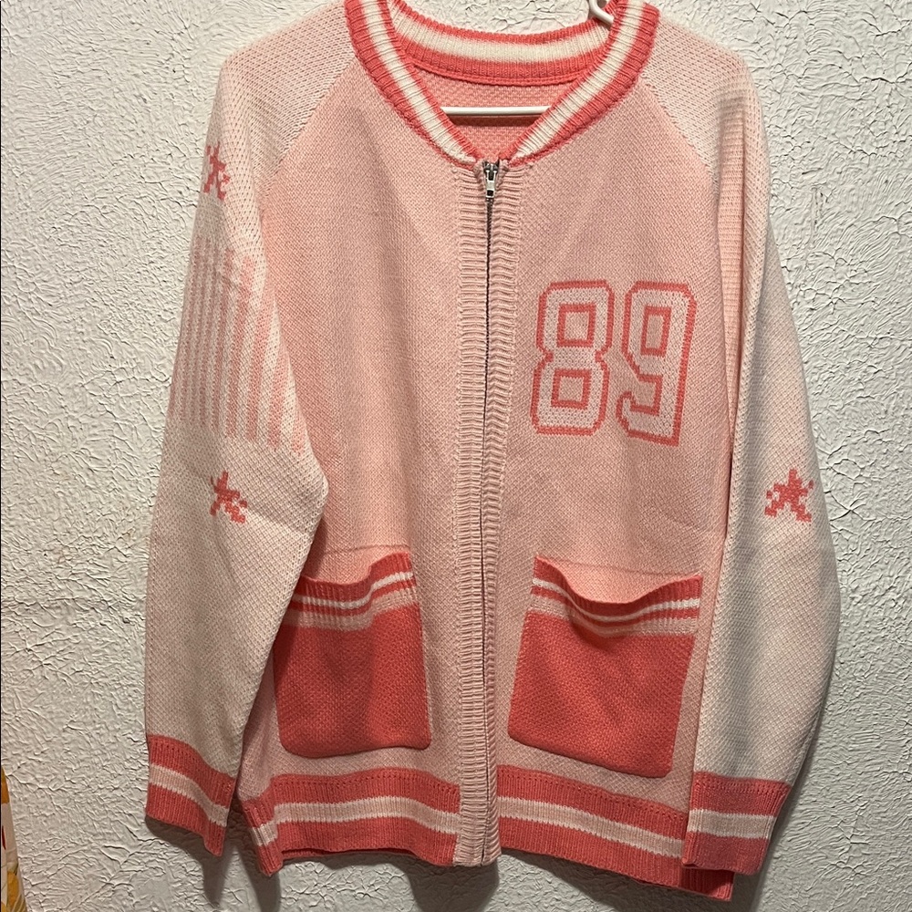 Pink and Coral Zip-Up Cardigan with Number 89